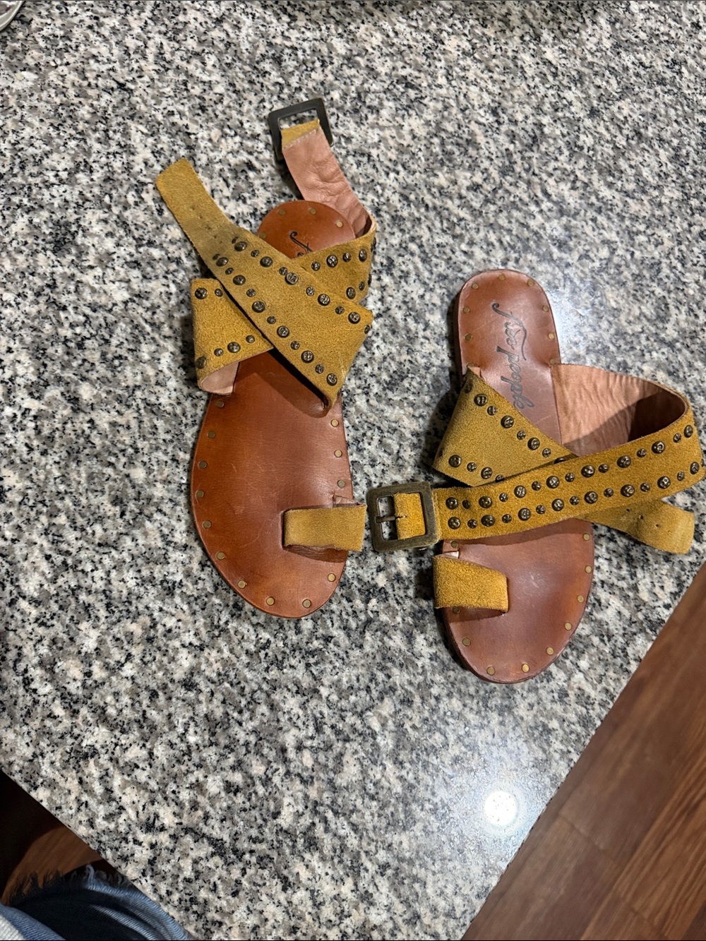 Free People Mustard Suede Studded Cross-Strap Sandals - Women